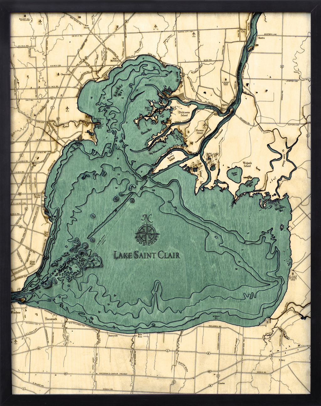 Lake St. Clair, Michigan 3-D Nautical Wood Chart, Large, 24.5" x 31"