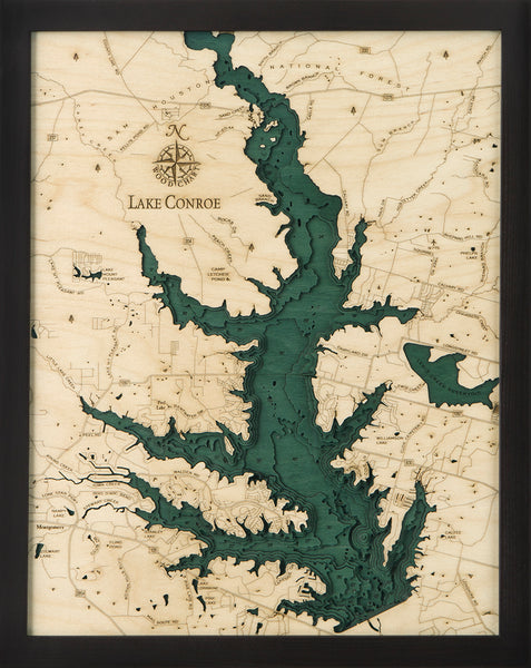 Lake Conroe, Texas 3-D Nautical Wood Chart, Small, 16" x 20"