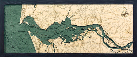 Columbia River Mouth, Oregon and Washington wood chart map made using green and natural colored wood on black background with dark frame