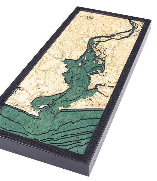 Columbia River Mouth, Oregon and Washington wood chart map made using green and natural colored wood on white background with dark frame laying flat