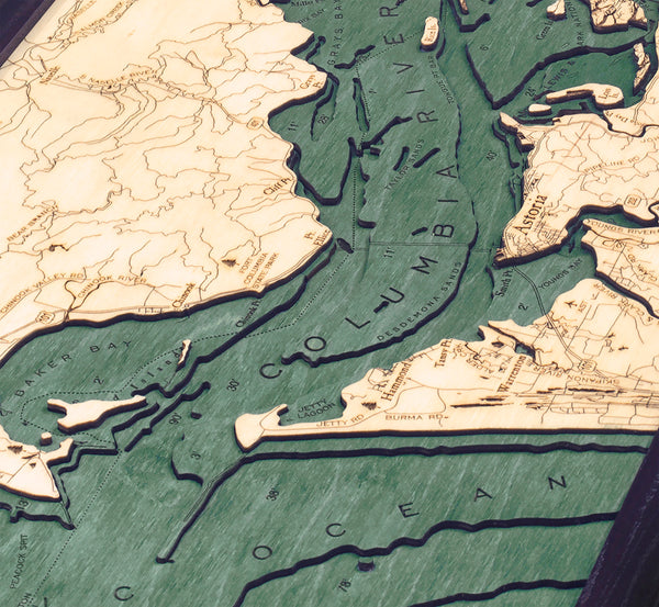 Columbia River Mouth, Oregon and Washington wood chart map made using green and natural colored wood up close