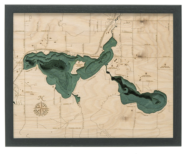Crooked Lake, Michigan wood chart map made using green and natural colored wood on white background with dark frame