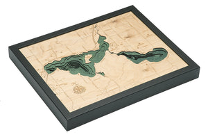 Crooked Lake, Michigan wood chart map made using green and natural colored wood on white background with dark frame laying flat