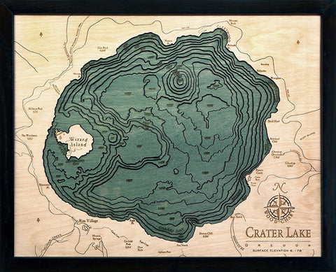 Crater Lake, Oregon wood chart map made using green and natural colored wood on black background with dark frame