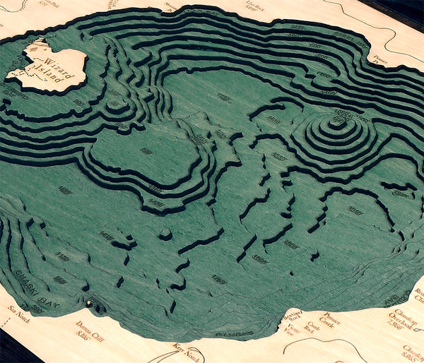 Crater Lake, Oregon wood chart map made using green and natural colored wood up close