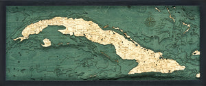 Cuba wood chart map made using green and natural colored wood on black background with dark frame