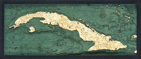 Cuba wood chart map made using green and natural colored wood on black background with dark frame