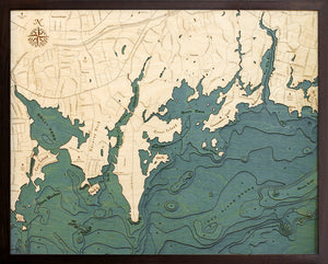 Darien, Connecticut wood chart map made using green and natural colored wood on black background with dark frame