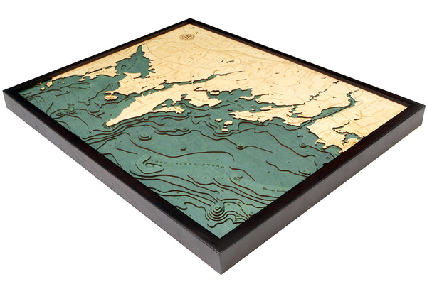 Darien, Connecticut wood chart map made using green and natural colored wood on white background with dark frame laying flat