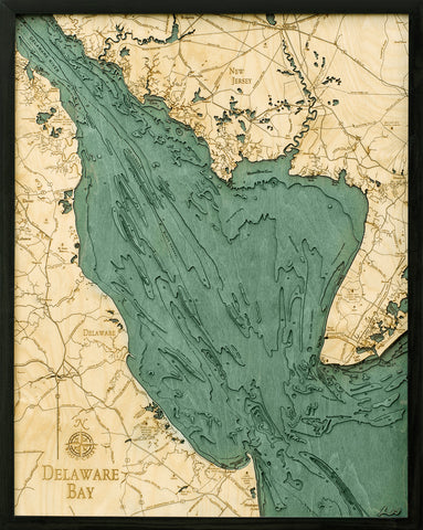 Delaware Bay wood chart map made using green and natural colored wood on black background with dark frame