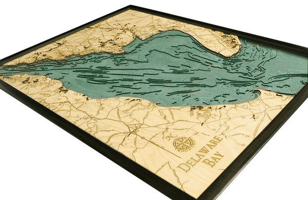 Delaware Bay wood chart map made using green and natural colored wood on white background with dark frame
