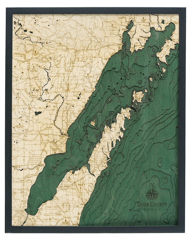 Green Bay/Door County, Wisconsin wood chart map made using green and natural colored wood on white background with dark frame