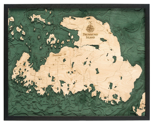 Drummond Island wood chart map made using green and natural colored wood on white background with dark frame
