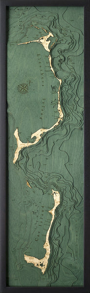 Eleuthera and Cat Island, Bahamas narrow wood chart map made using green and natural colored wood on black background with dark frame