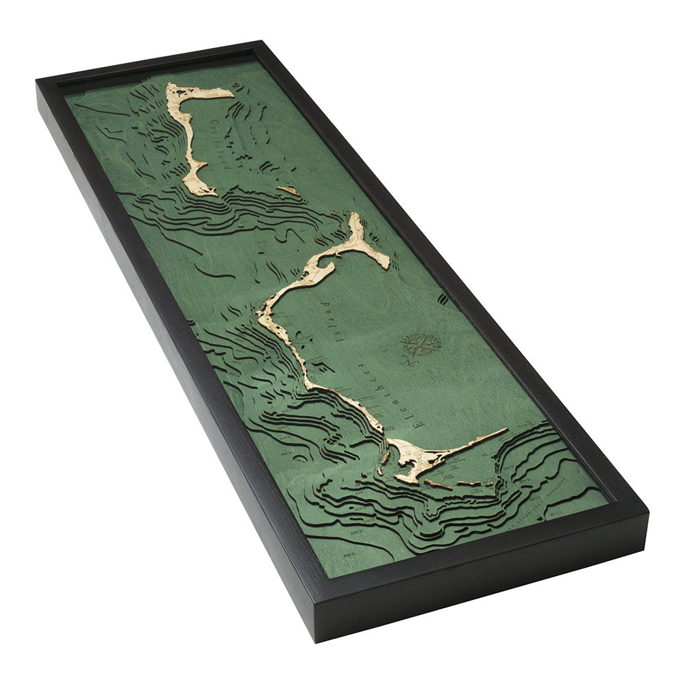 Eleuthera and Cat Island, Bahamas narrow wood chart map made using green and natural colored wood on white background with dark frame laying flat