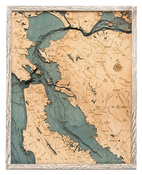Map of San Francisco Bay, California 3-D Nautical Wood Chart in Farm Frame