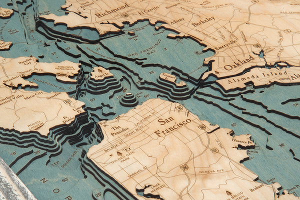 Topography Details on Map of San Francisco Bay, California 3-D Nautical Wood Chart