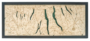 Finger Lakes wood chart map made using green and natural colored wood on white background with dark frame