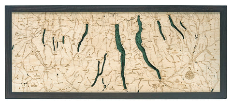 Finger Lakes wood chart map made using green and natural colored wood on white background with dark frame