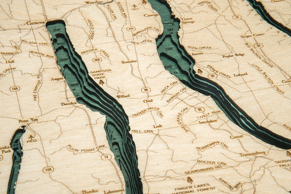 Finger Lakes wood chart map made using green and natural colored wood up close