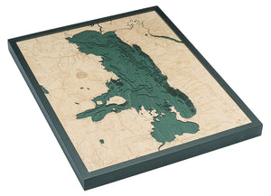 Flathead Lake, Montana wood chart map made using green and natural colored wood on white background with dark frame laying flat