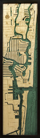 Fort Lauderdale, Florida wood chart map made using green and natural colored wood on black background with dark frame