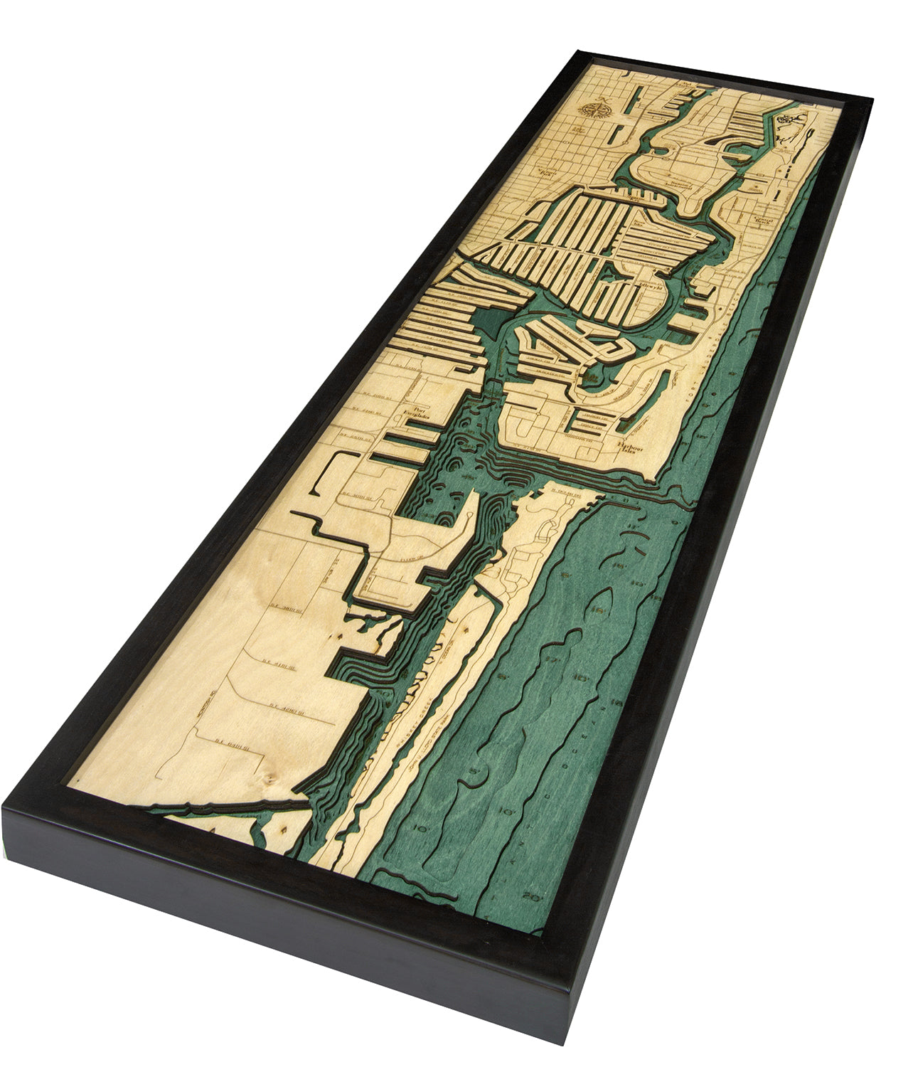 Fort Lauderdale, Florida wood chart map made using green and natural colored wood on white background with dark frame laying flat