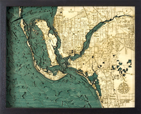 Fort Myers wood chart map made using green and natural colored wood on black background with dark frame
