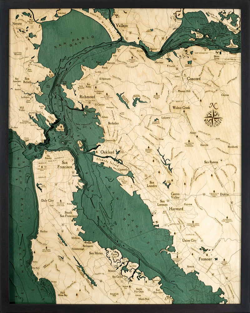 Map of San Francisco Bay, California 3-D Nautical Wood Chart