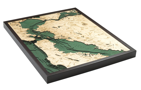 Map of San Francisco Bay, California 3-D Nautical Wood Chart in Frame