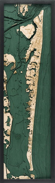 Galveston, Texas wood chart map made using green and natural colored wood on black background with dark frame