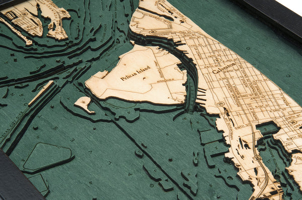 Galveston, Texas wood chart map made using green and natural colored wood up close