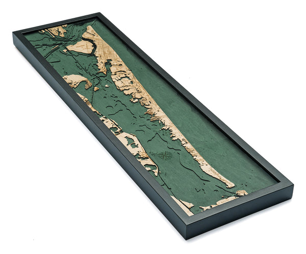 Galveston, Texas wood chart map made using green and natural colored wood on white background with dark frame