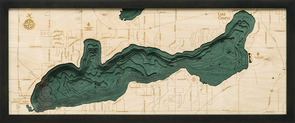 Lake Geneva, Wisconsin 3-D Nautical Wood Chart, Medium, 13.5" x 31"