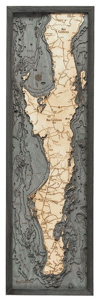 3-D Wood Chart of Baja Peninsula using dark blue and light colored wood in black frame with white background