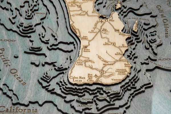 3-D Wood Chart of Baja Peninsula using a darker blue and light colored wood zoomed in