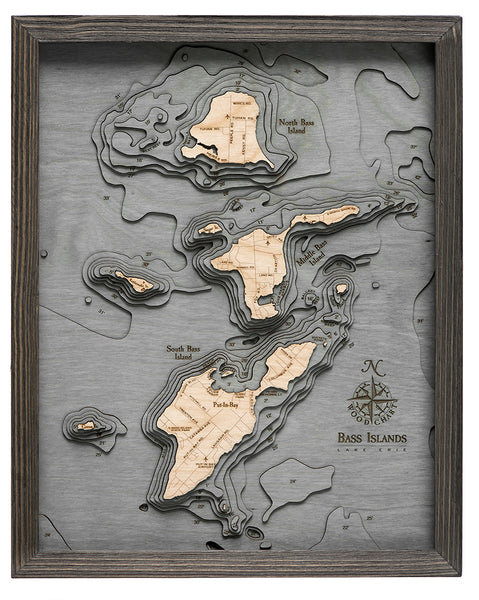 Bass Islands / Put-in-Bay, Ohio wood chart on white background with black frame