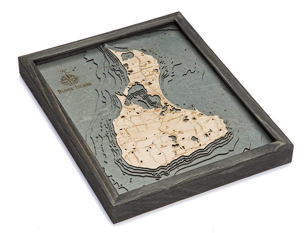 Block Island wood chart map using dark green and natural colored wood on white background with dark frame