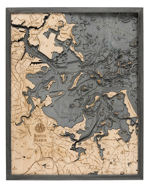 Boston Harbor, Massachusetts wood chart map made using dark green and natural wood on white background with dark frame