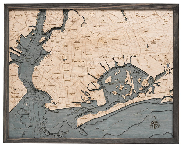 Brooklyn, New York wood chart map made using dark green and natural wood on white background with dark frame