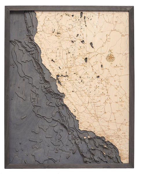 California Coast wood chart map made using dark green and natural wood on white background with dark frame