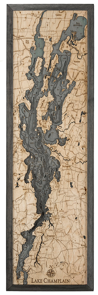 Large Lake Champlain Wood Chart in solid frame