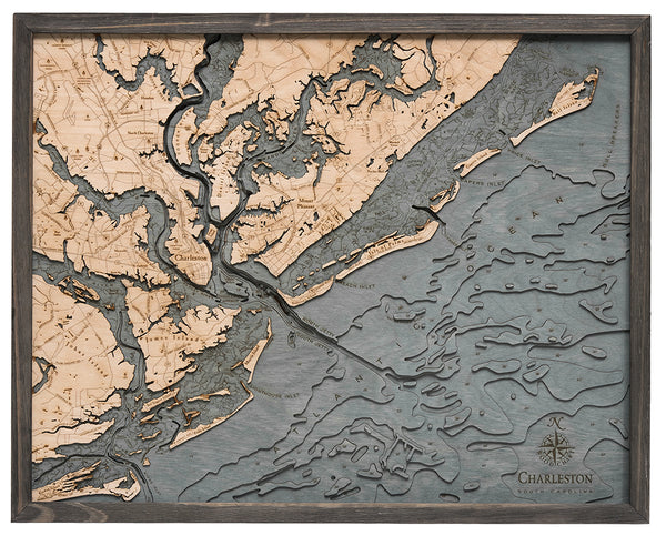 Charleston, South Carolina wood chart map made using dark green and natural wood on white background with dark colored frame