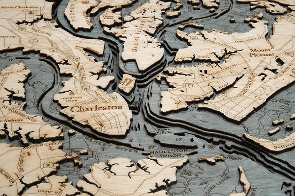 Charleston, South Carolina wood chart map made using dark green and natural wood up close