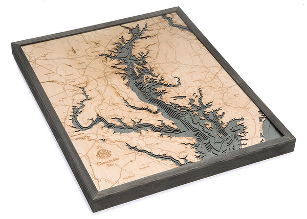 Chesapeake Bay wood chart map made using dark green and natural wood on white background with dark colored frame laying flat