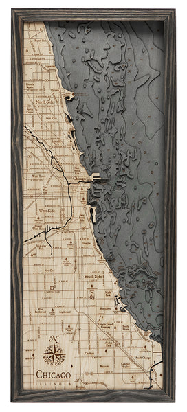 Chicago, Illinois wood chart map made using a dark green and natural colored wood on white background with dark frame
