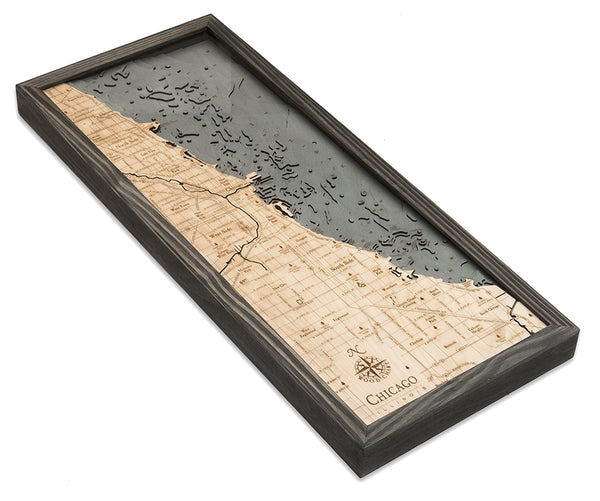 Chicago, Illinois wood chart map made using a dark green and natural colored wood on white background with dark frame laying flat
