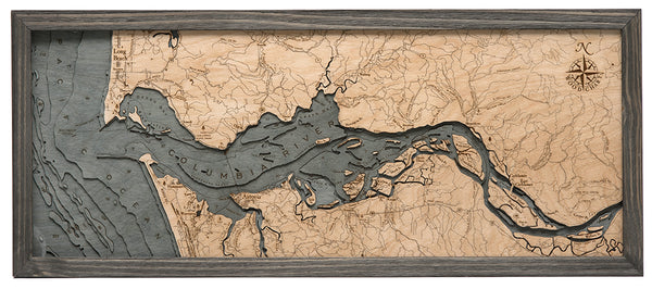 Columbia River Mouth, Oregon and Washington wood chart map made using a dark green and natural colored wood on white background with dark frame