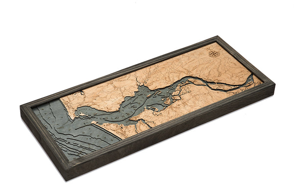 Columbia River Mouth, Oregon and Washington wood chart map made using a dark green and natural colored wood on white background with dark frame laying flat