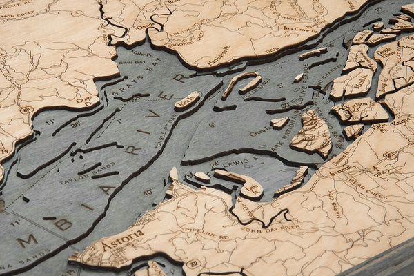Columbia River Mouth, Oregon and Washington wood chart map made using a dark green and natural colored wood up close